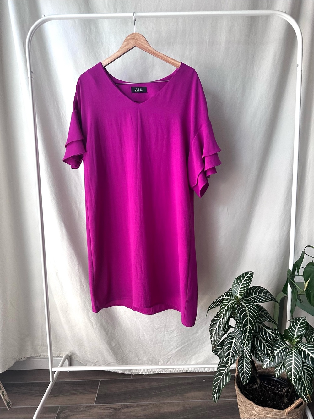 A.B.S. V-Neck Ruffle Sleeve Tunic Dress in Fuchsia